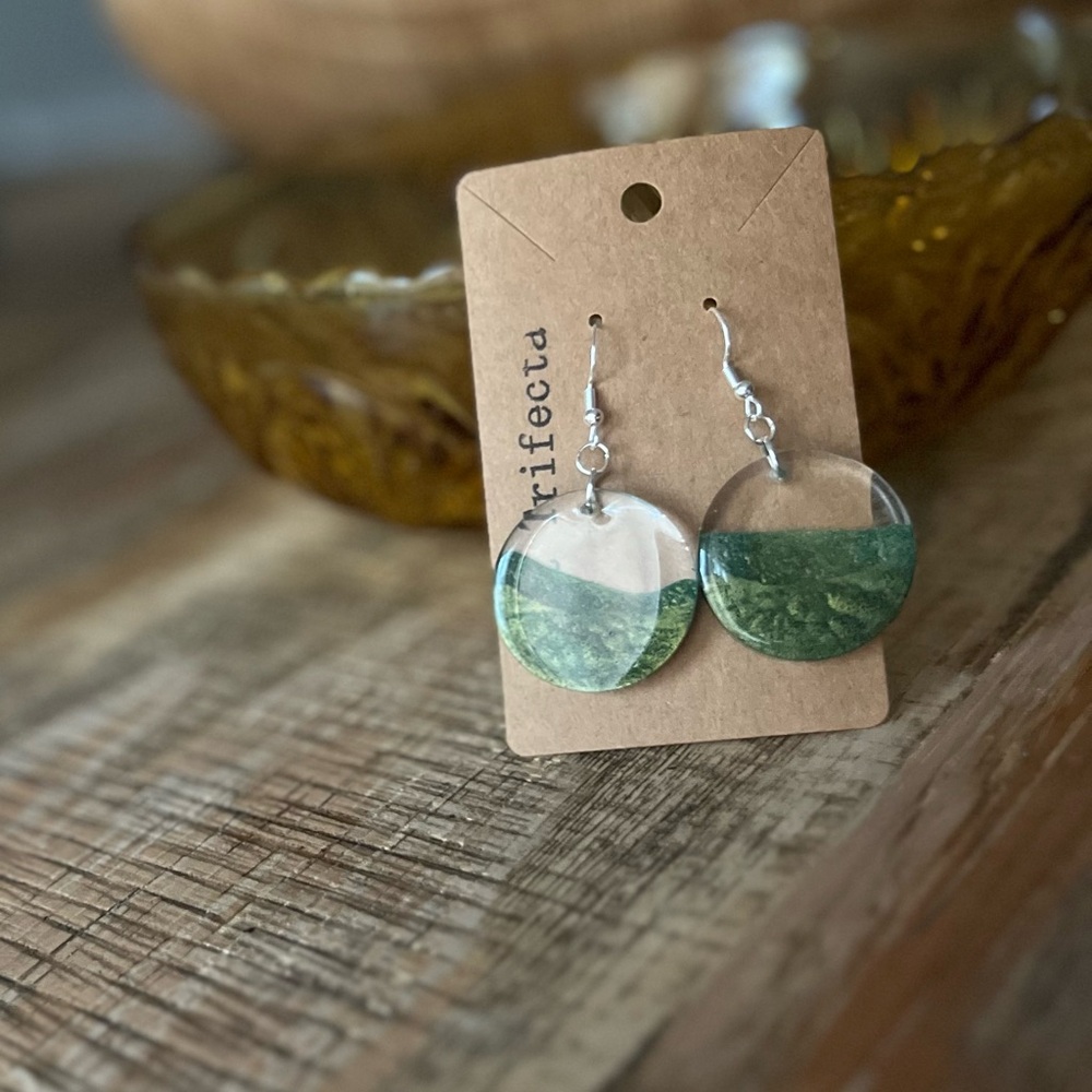 Handmade Green and Silver Resin Dangle Earrings